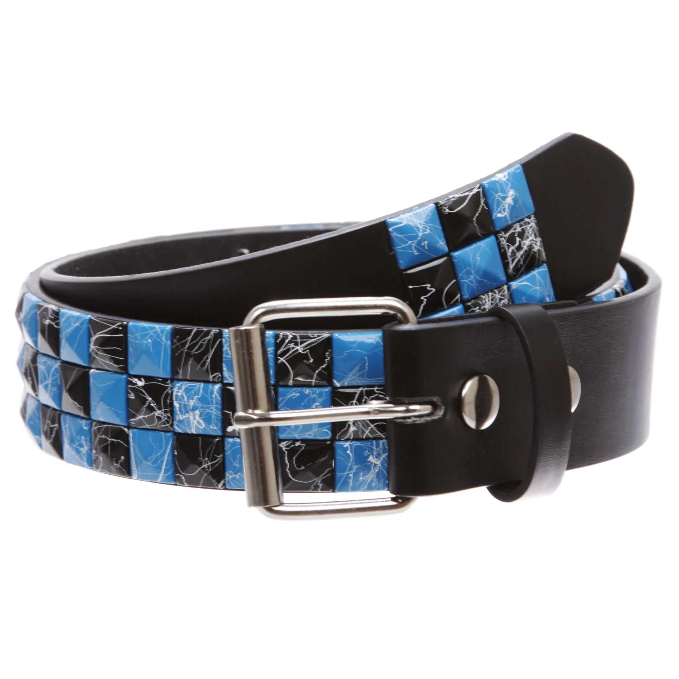 Snap On 1 1/2" Blue & Black Checkerboard Punk Rock Studded Belt