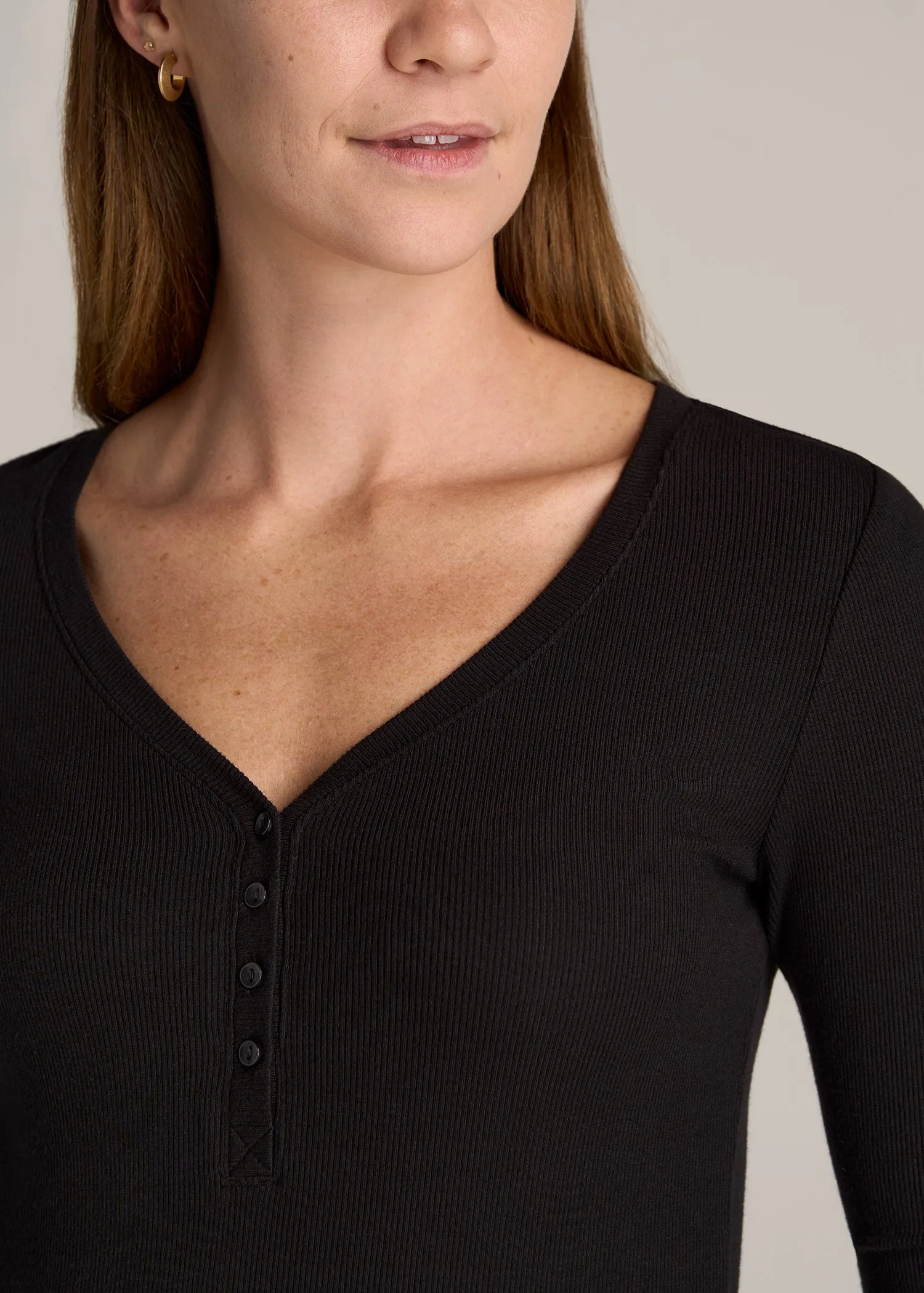 Tall Women's FITTED Ribbed Long Sleeve Henley in Black