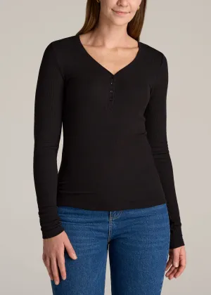 Tall Women's FITTED Ribbed Long Sleeve Henley in Black