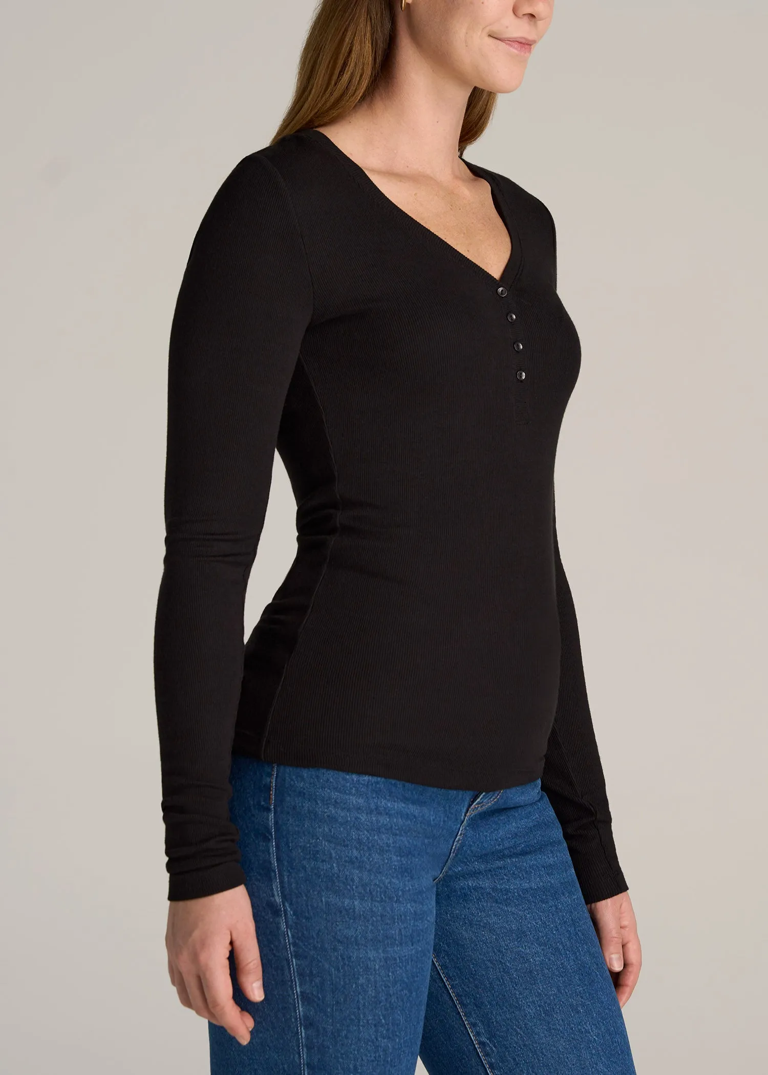 Tall Women's FITTED Ribbed Long Sleeve Henley in Black