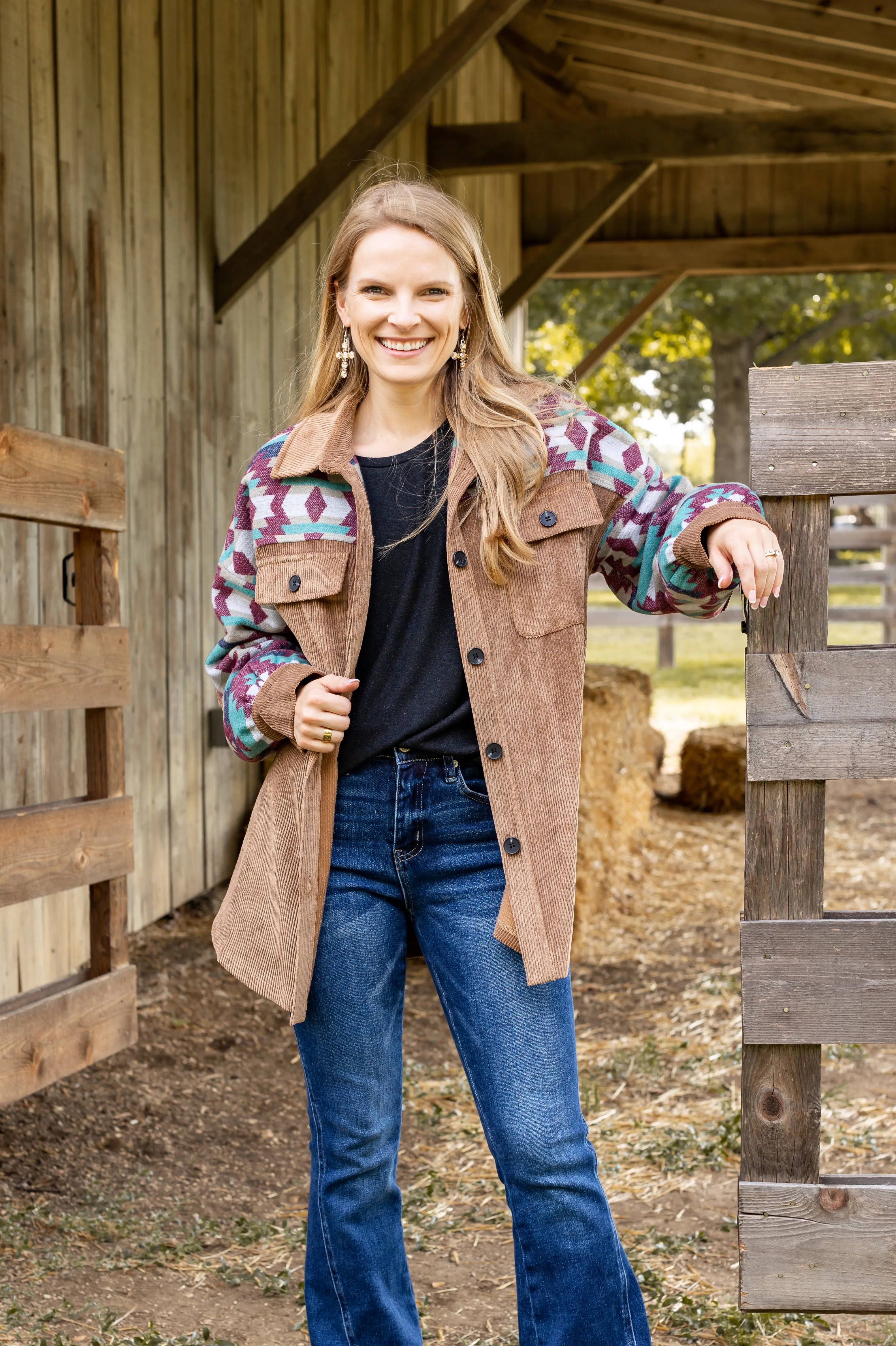 Tan Corduroy Shacket with Aztec Details