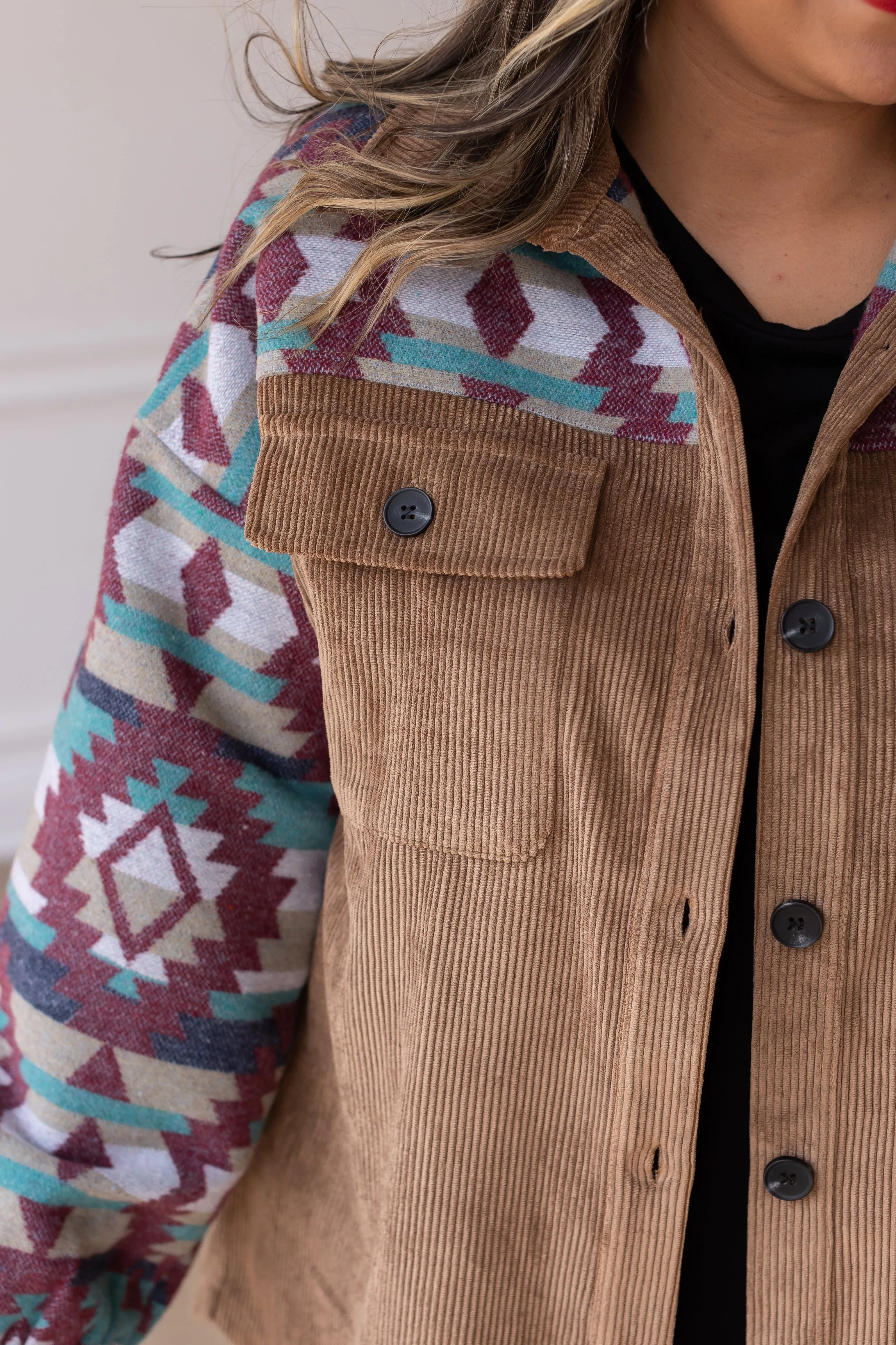 Tan Corduroy Shacket with Aztec Details