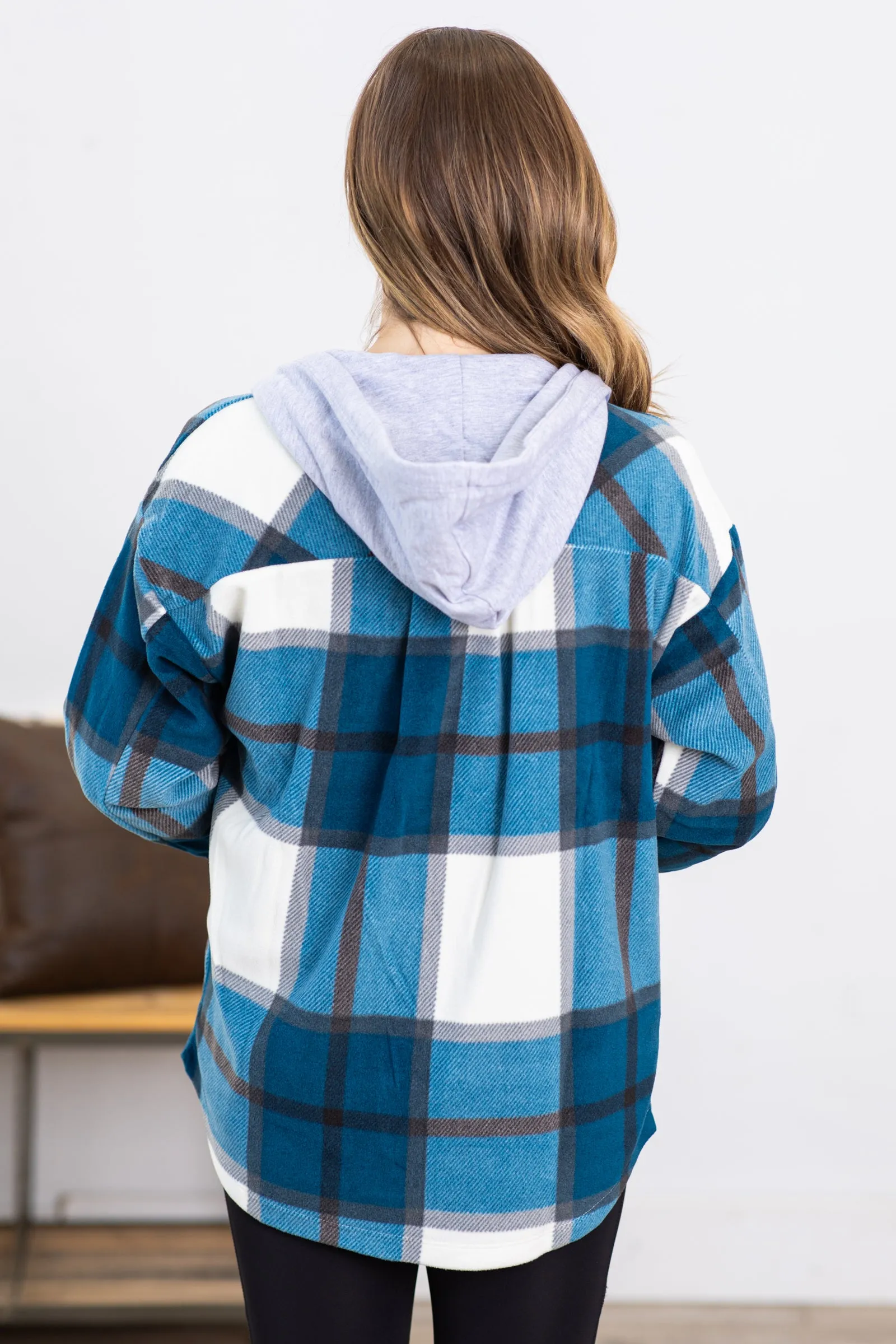 Teal Plaid Fleece Shacket With Hood