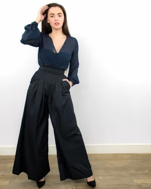 Tenes Black Wide-Leg High Waist Trousers with Pockets