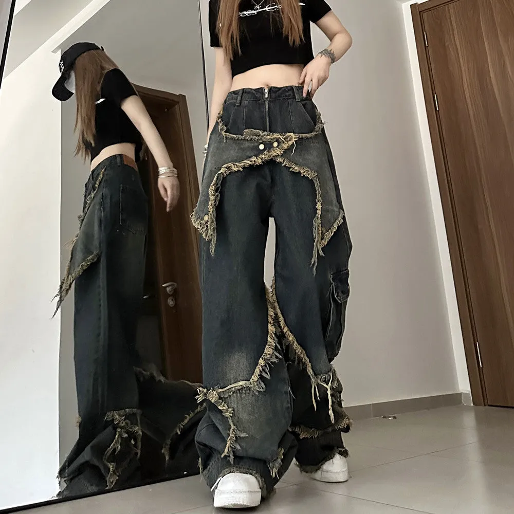 Uniwim back to school outfits American-Style Retro Loose Slimming Jeans Women's Spring and Summer Design Frayed Mop Pants Straight Wide-Leg Pants Fashion