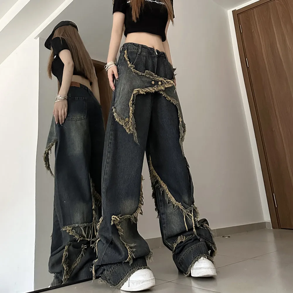 Uniwim back to school outfits American-Style Retro Loose Slimming Jeans Women's Spring and Summer Design Frayed Mop Pants Straight Wide-Leg Pants Fashion