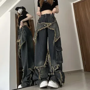 Uniwim back to school outfits American-Style Retro Loose Slimming Jeans Women's Spring and Summer Design Frayed Mop Pants Straight Wide-Leg Pants Fashion