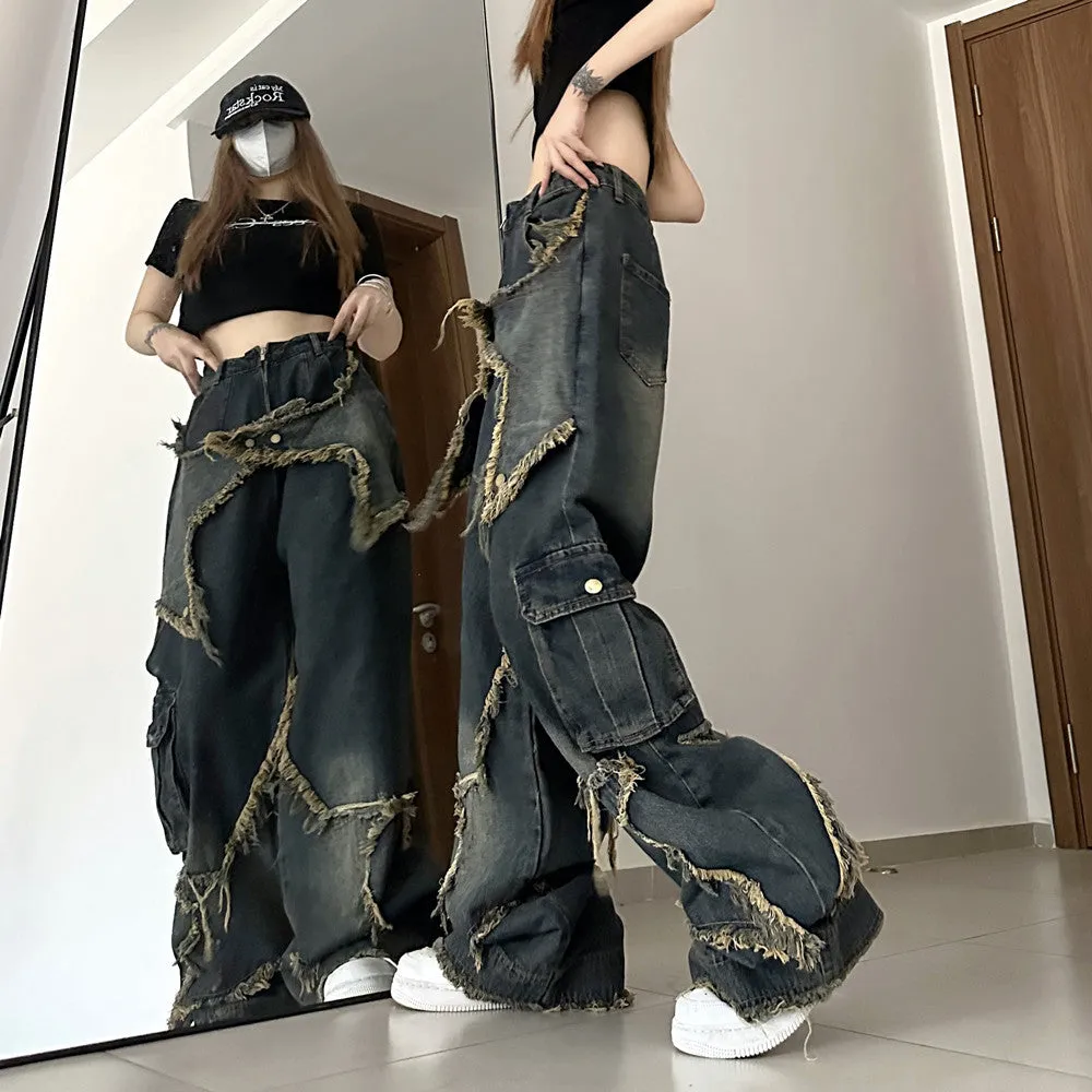 Uniwim back to school outfits American-Style Retro Loose Slimming Jeans Women's Spring and Summer Design Frayed Mop Pants Straight Wide-Leg Pants Fashion