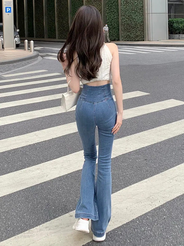 Urban High Waisted Split-Joint Jean Flared Pants Bottoms