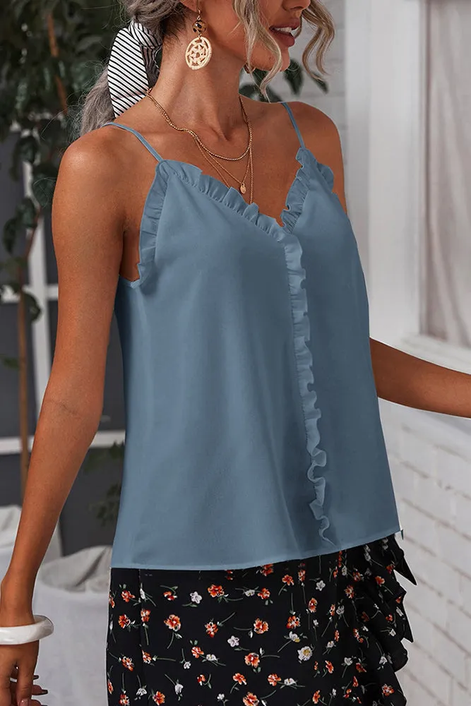 V Neck Ruffled Solid Color Tank Top