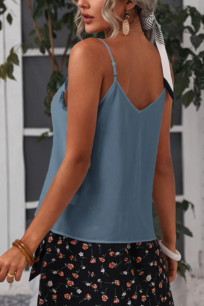 V Neck Ruffled Solid Color Tank Top