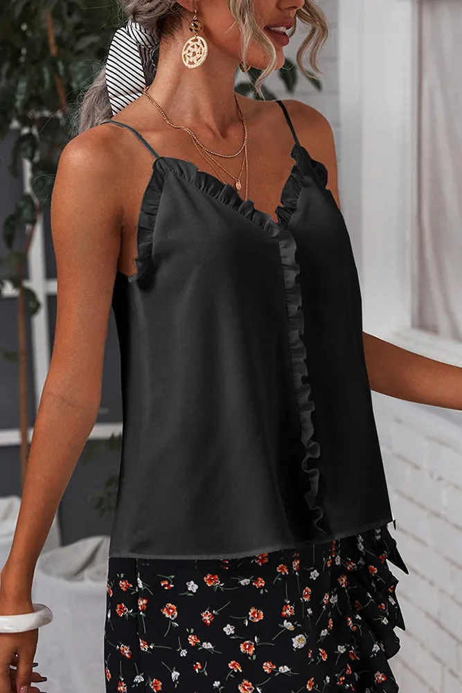 V Neck Ruffled Solid Color Tank Top