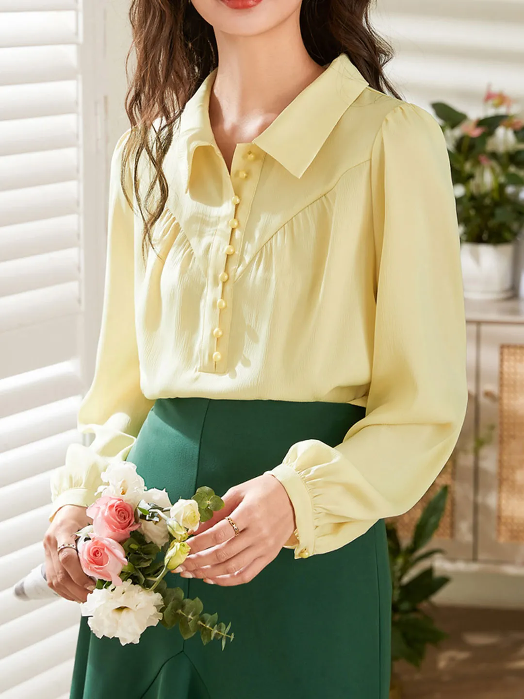 Valeria Casual Lapel Collar Pleated Chiffon Shirt-Yellow