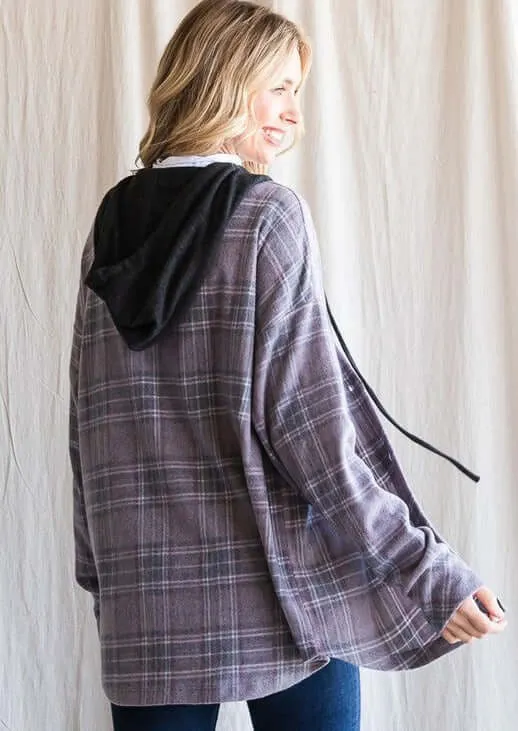 Vintage Charcoal Plaid Hoodie Shacket Made in USA