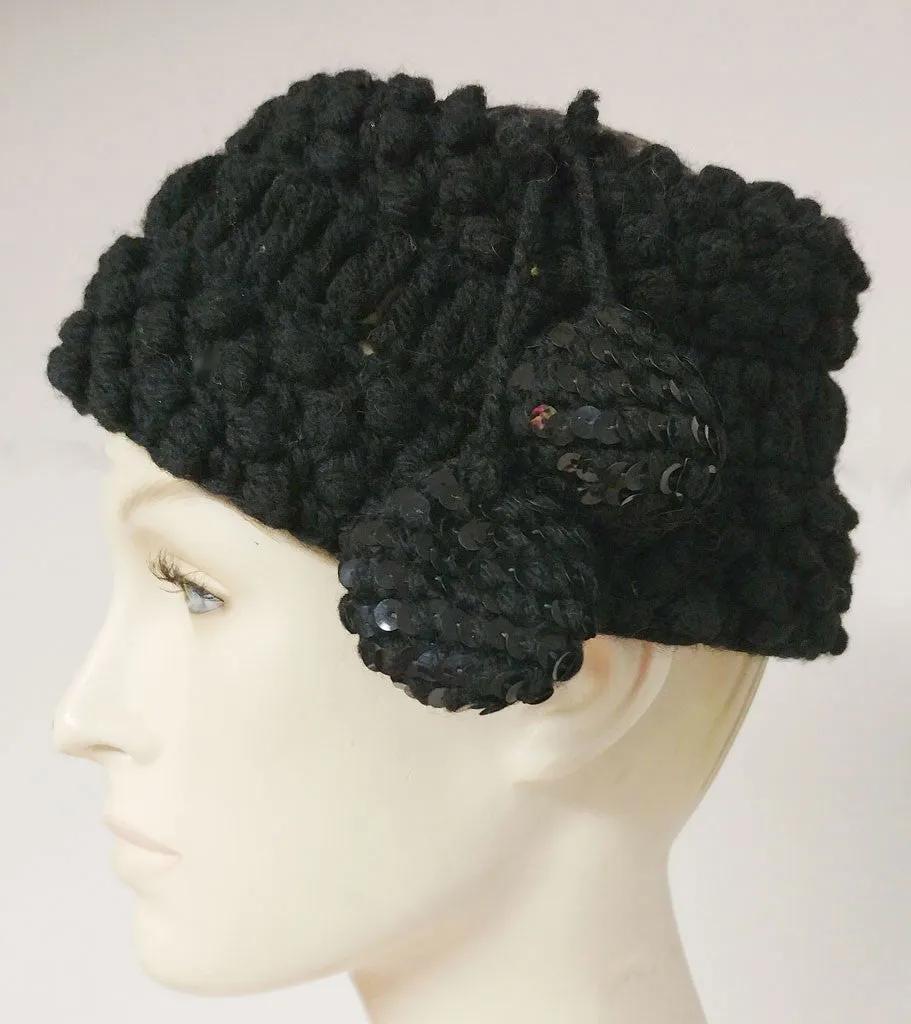 VINTAGE WOOL KNIT HAT WITH SPARKLING SEQUIN CROWN & POM POM TASSELS