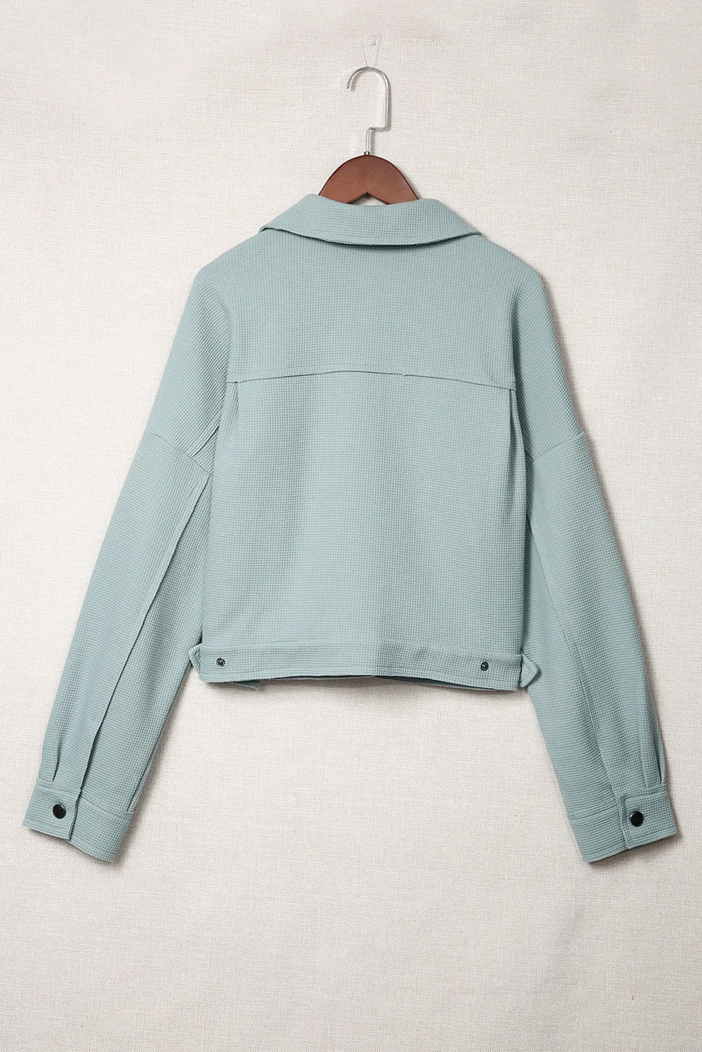 Waffle Knit Buttons Cropped Blue Jacket with Pockets