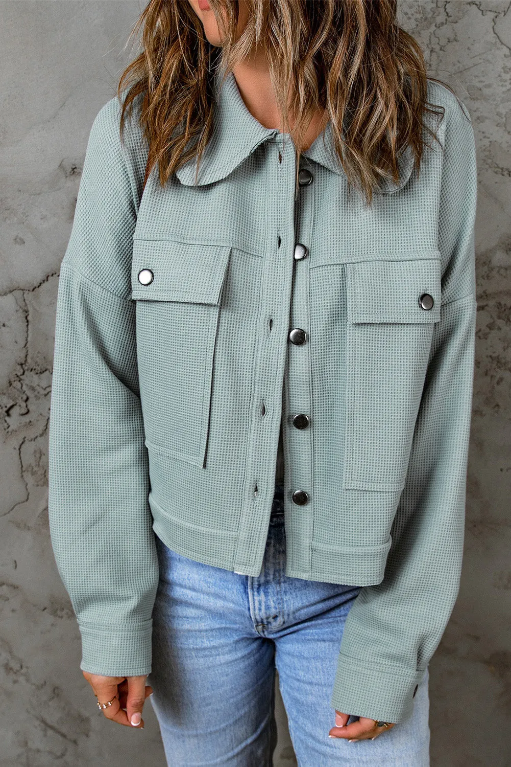 Waffle Knit Buttons Cropped Blue Jacket with Pockets