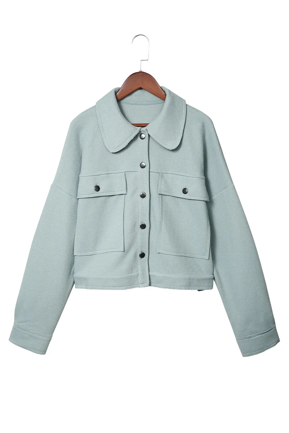 Waffle Knit Buttons Cropped Blue Jacket with Pockets