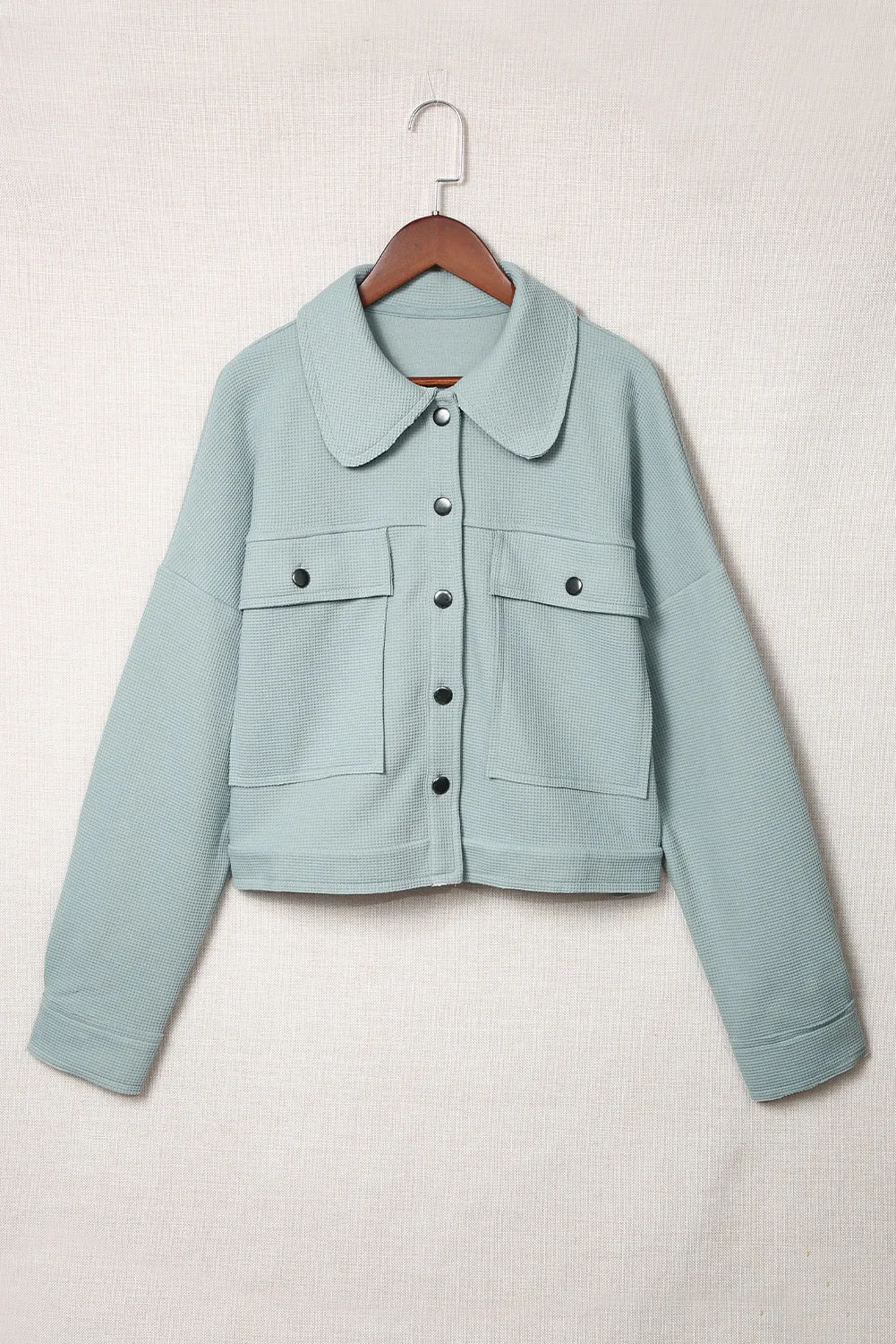 Waffle Knit Buttons Cropped Blue Jacket with Pockets