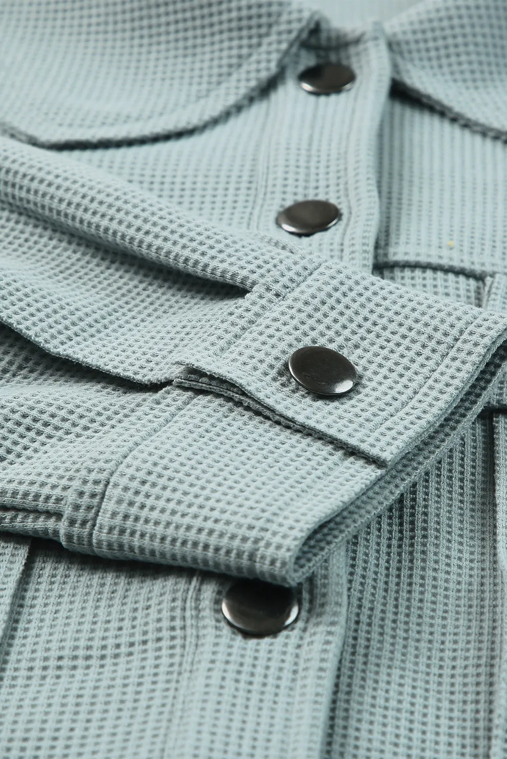 Waffle Knit Buttons Cropped Blue Jacket with Pockets