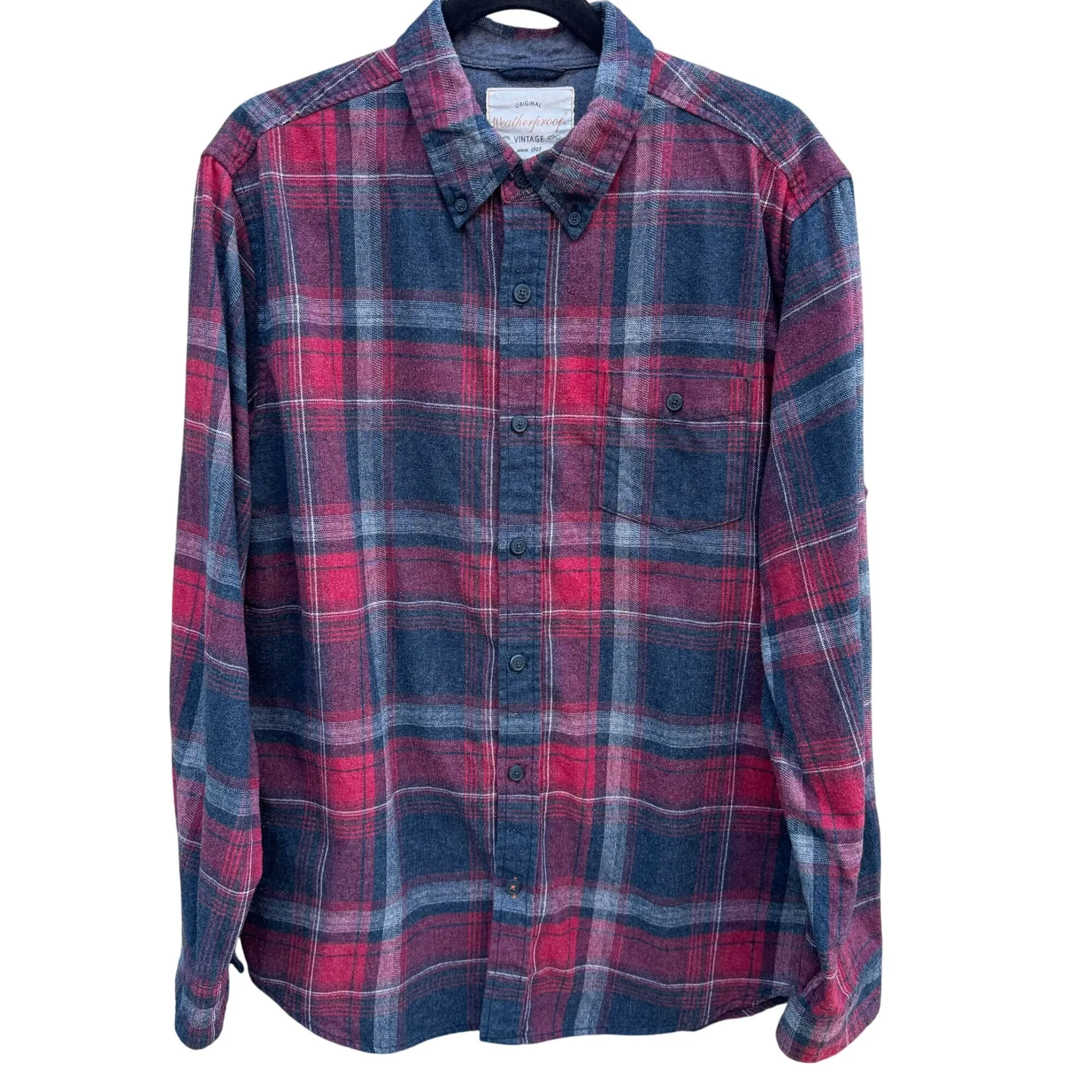 Weatherproof Vintage Mens Red Blue Plaid Flannel Long Sleeve Outdoor Grunge Shirt L