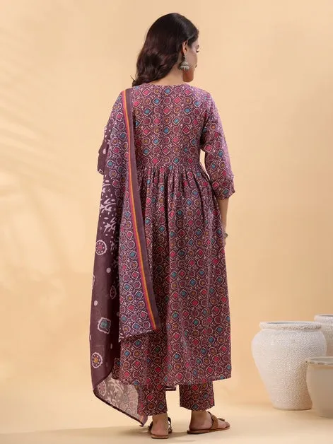 Wine Ajrak Printed Cotton Blend Kurta Palazzo Set With Dupatta