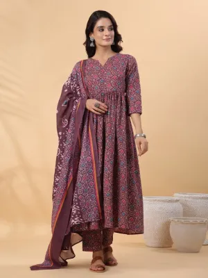 Wine Ajrak Printed Cotton Blend Kurta Palazzo Set With Dupatta