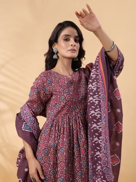 Wine Ajrak Printed Cotton Blend Kurta Palazzo Set With Dupatta