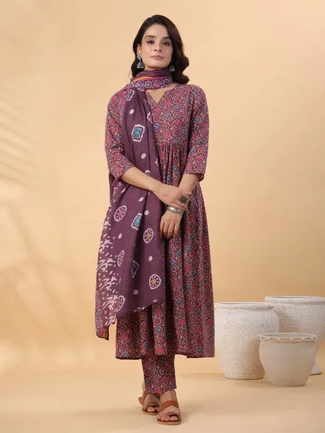 Wine Ajrak Printed Cotton Blend Kurta Palazzo Set With Dupatta