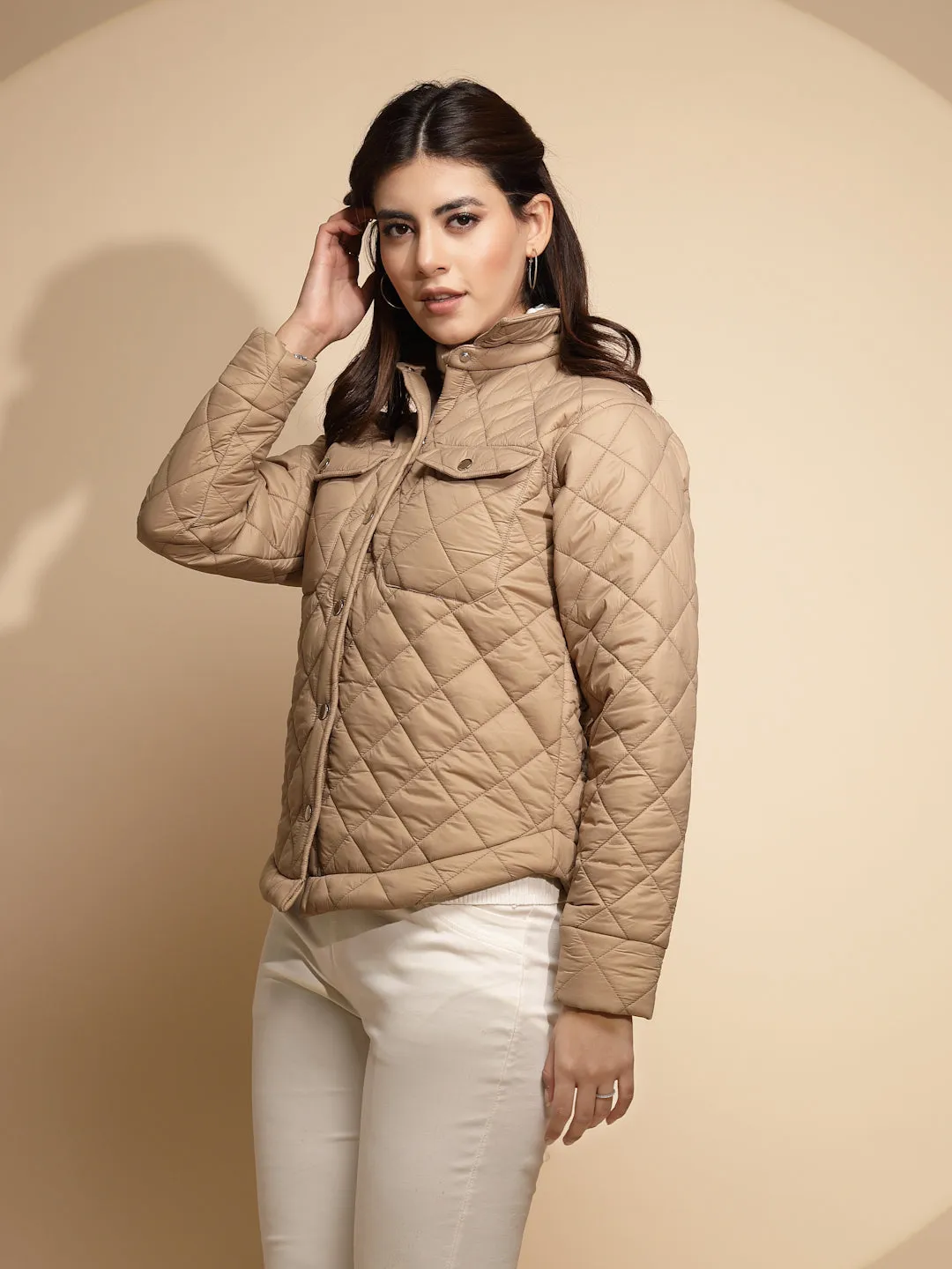 Women Beige Solid Full Sleeve Collar Neck Shacket