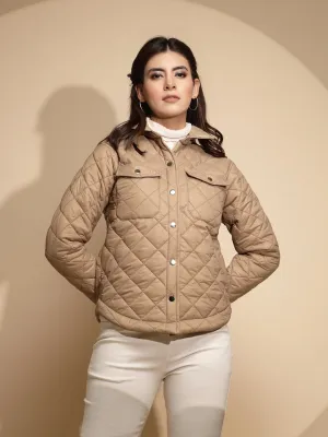 Women Beige Solid Full Sleeve Collar Neck Shacket