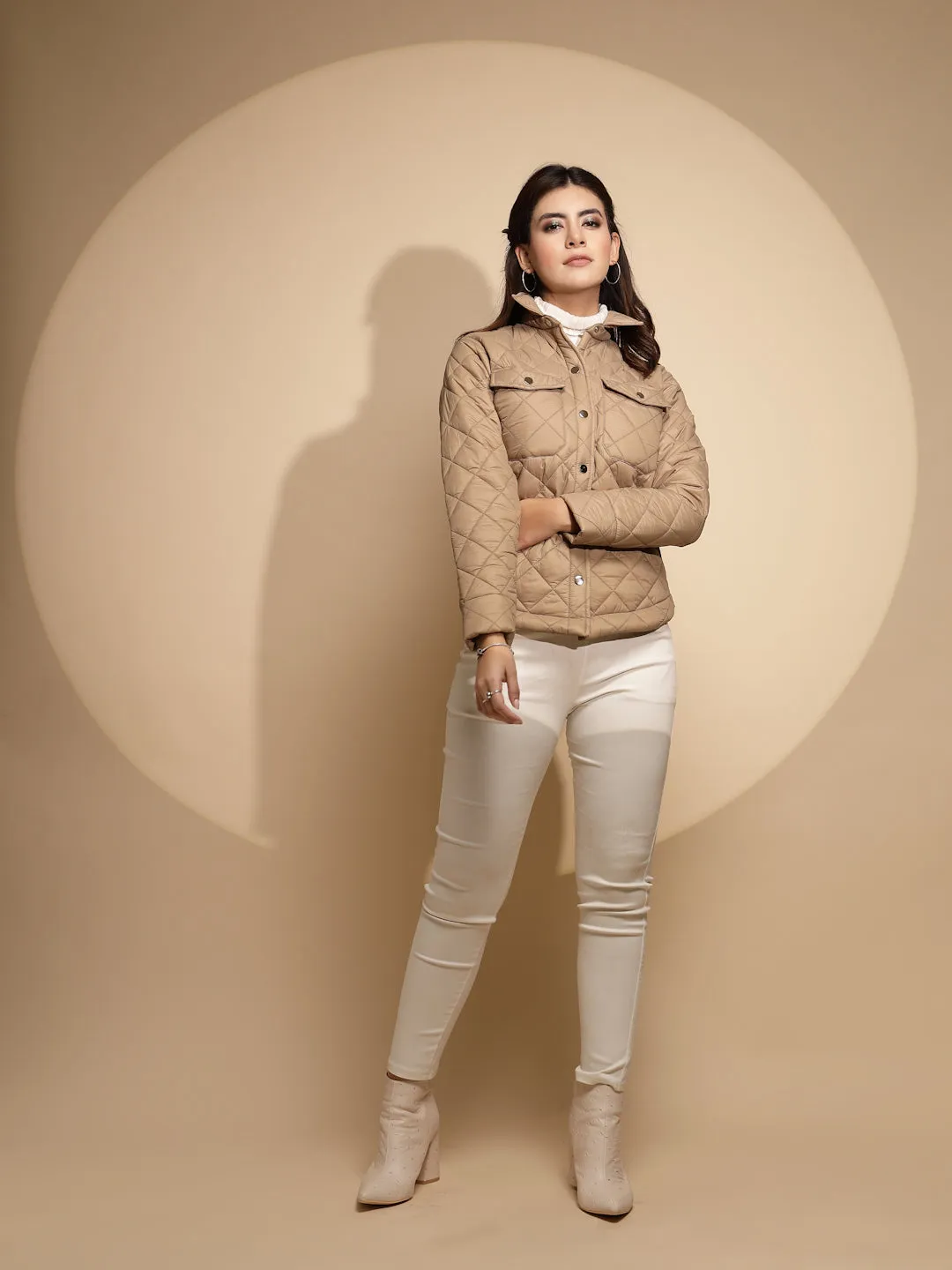 Women Beige Solid Full Sleeve Collar Neck Shacket