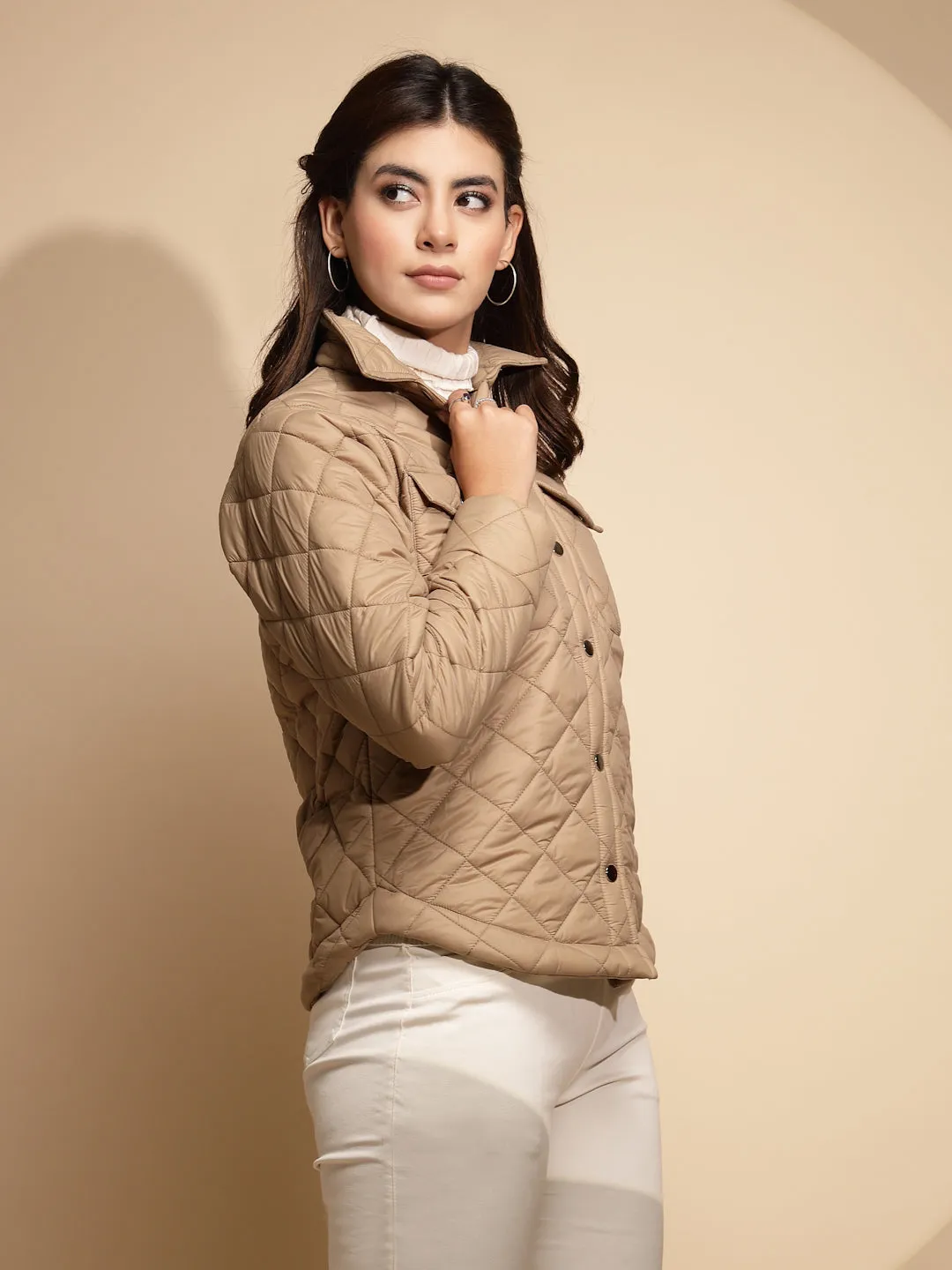 Women Beige Solid Full Sleeve Collar Neck Shacket