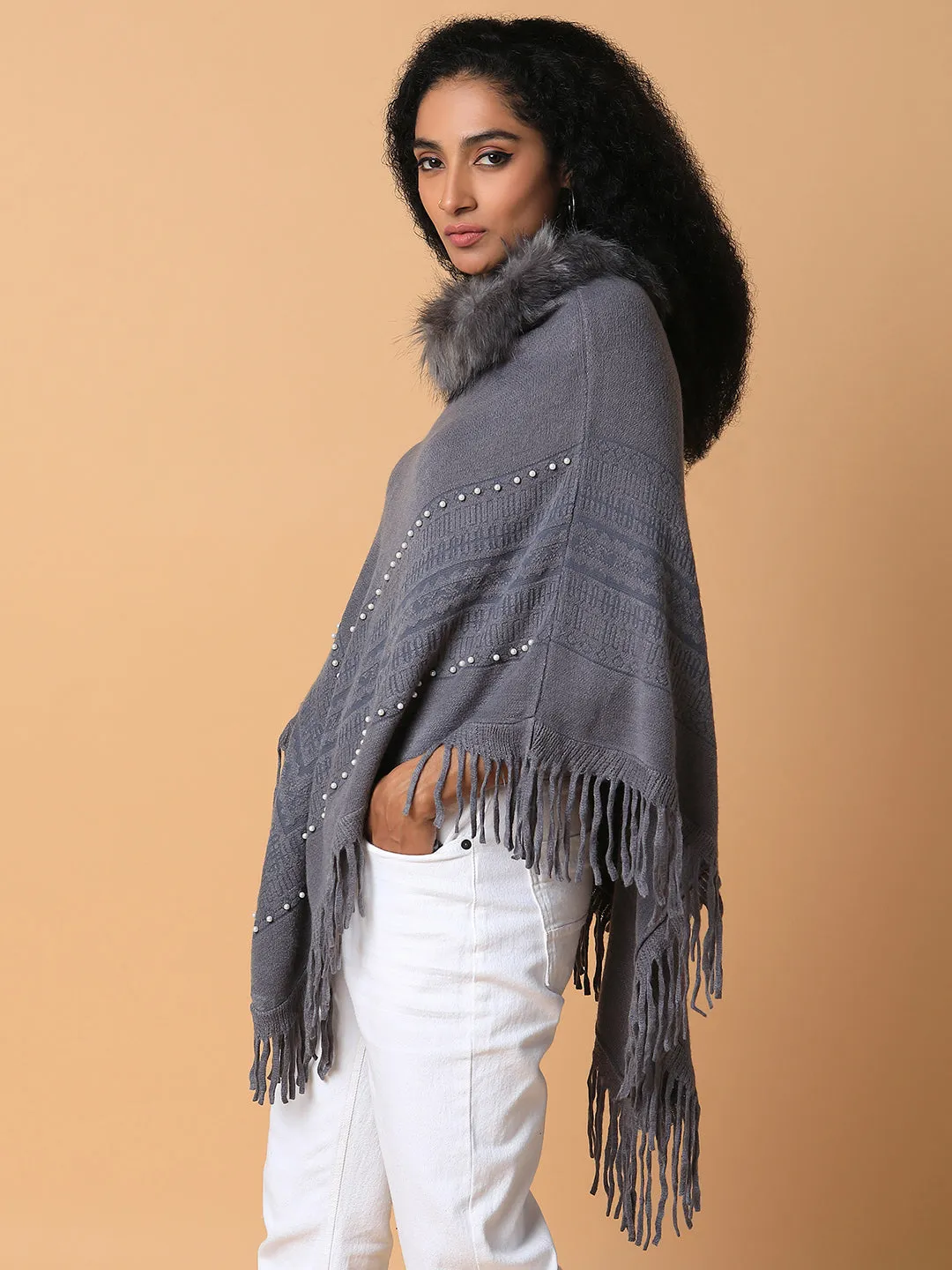 Women Solid Grey Longline Poncho