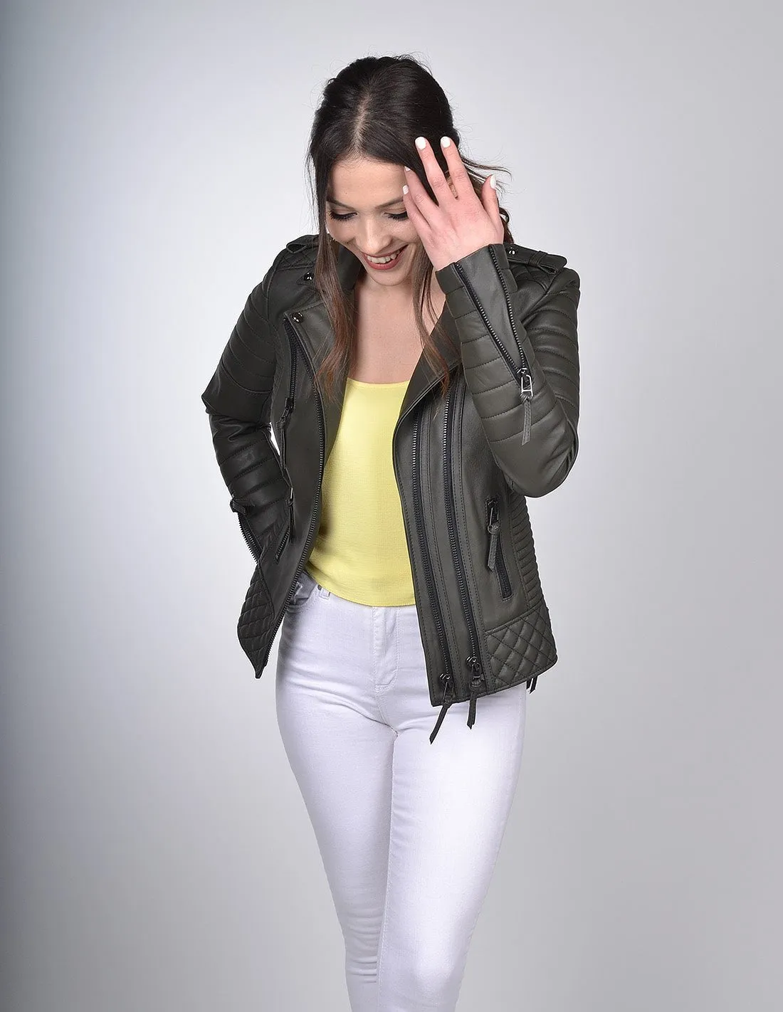 Women`s Green Biker Leather Jacket