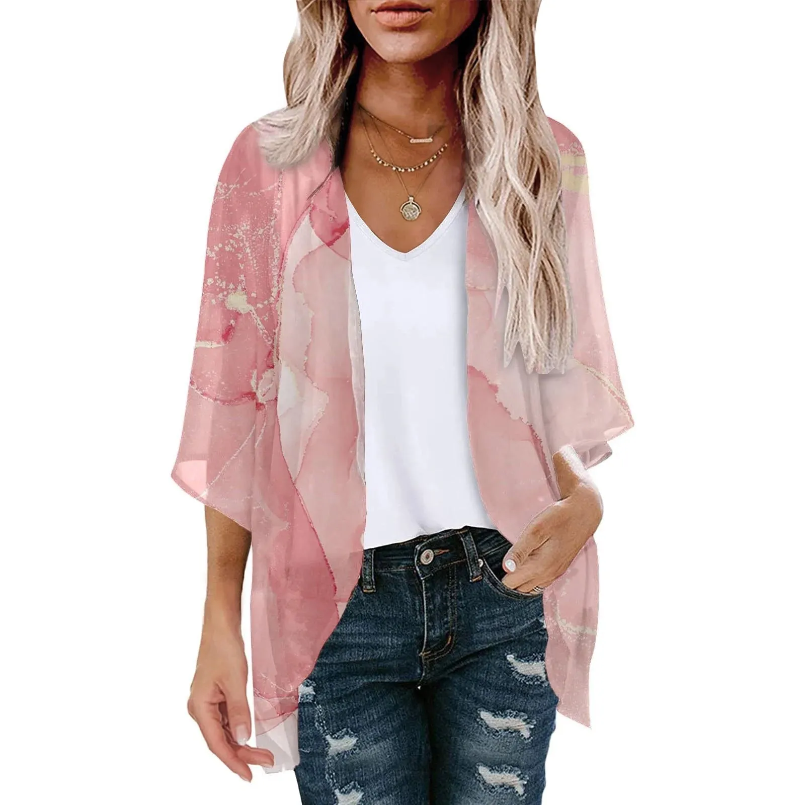 Womens Swimsuits Cover-Ups Summer plus Size Floral Print Kimono Cardigan Casual Short Sleeve Tops Loose Fit Coverups