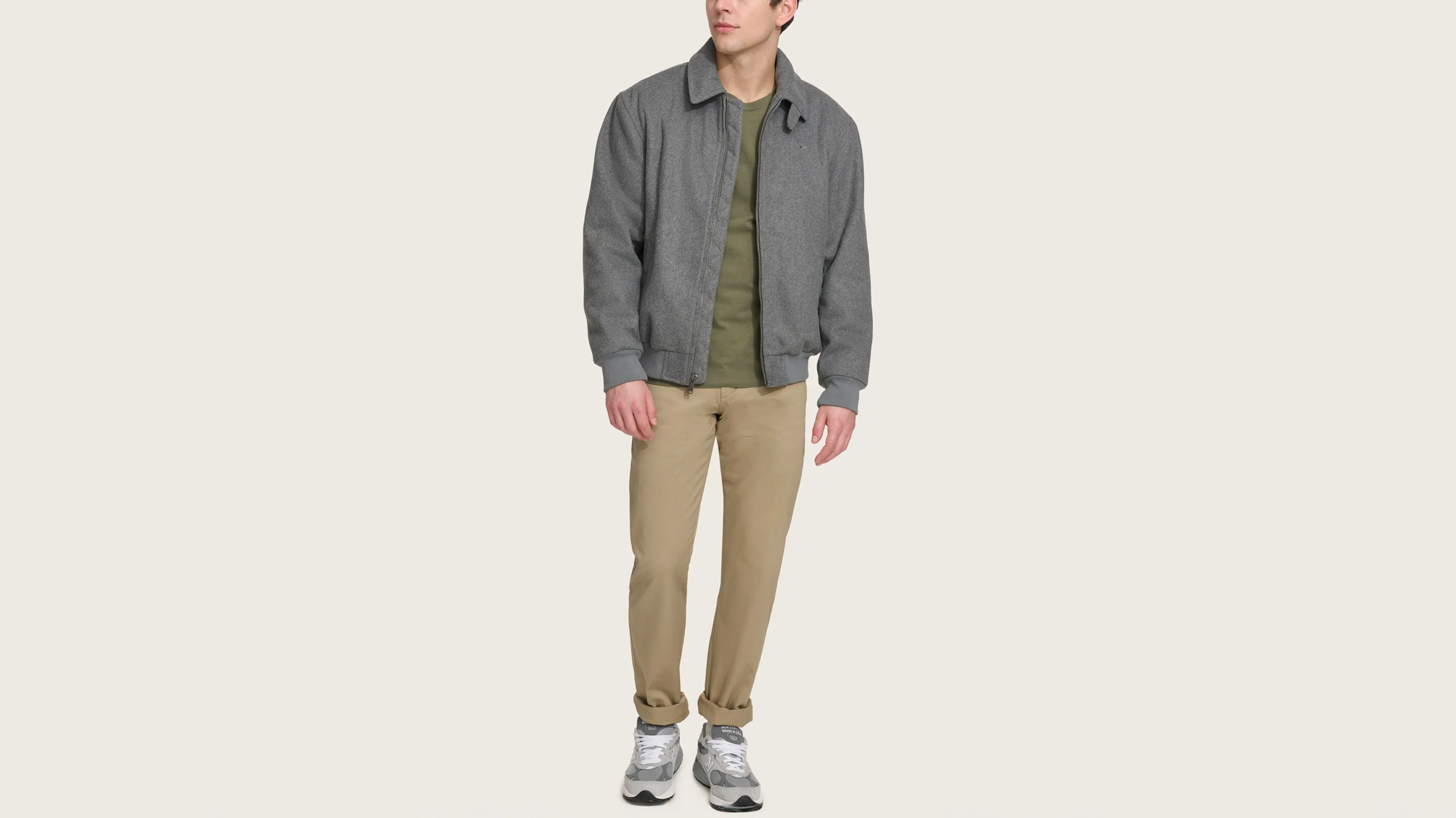 Wool Blend Laydown Collar Bomber Jacket