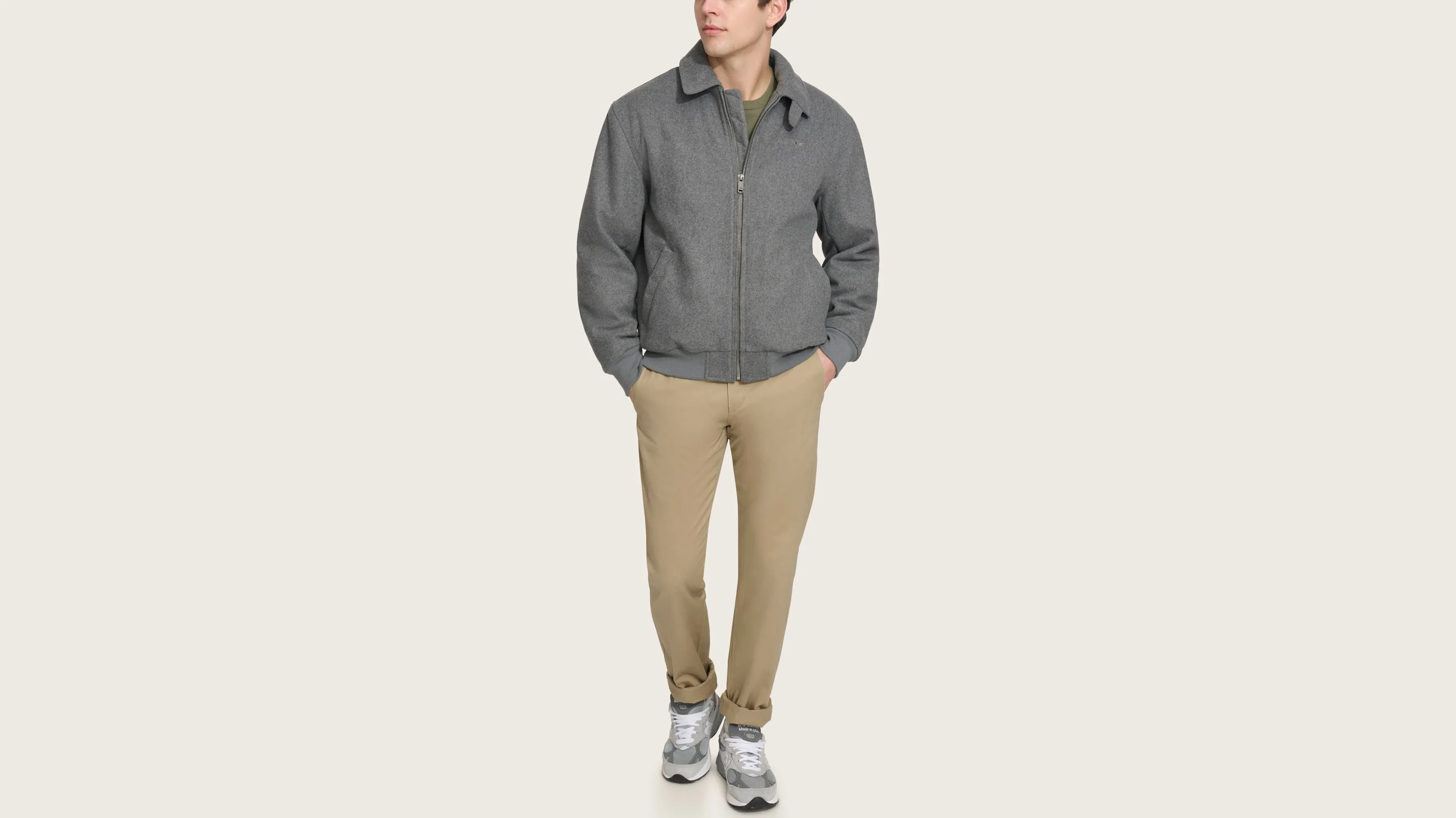 Wool Blend Laydown Collar Bomber Jacket