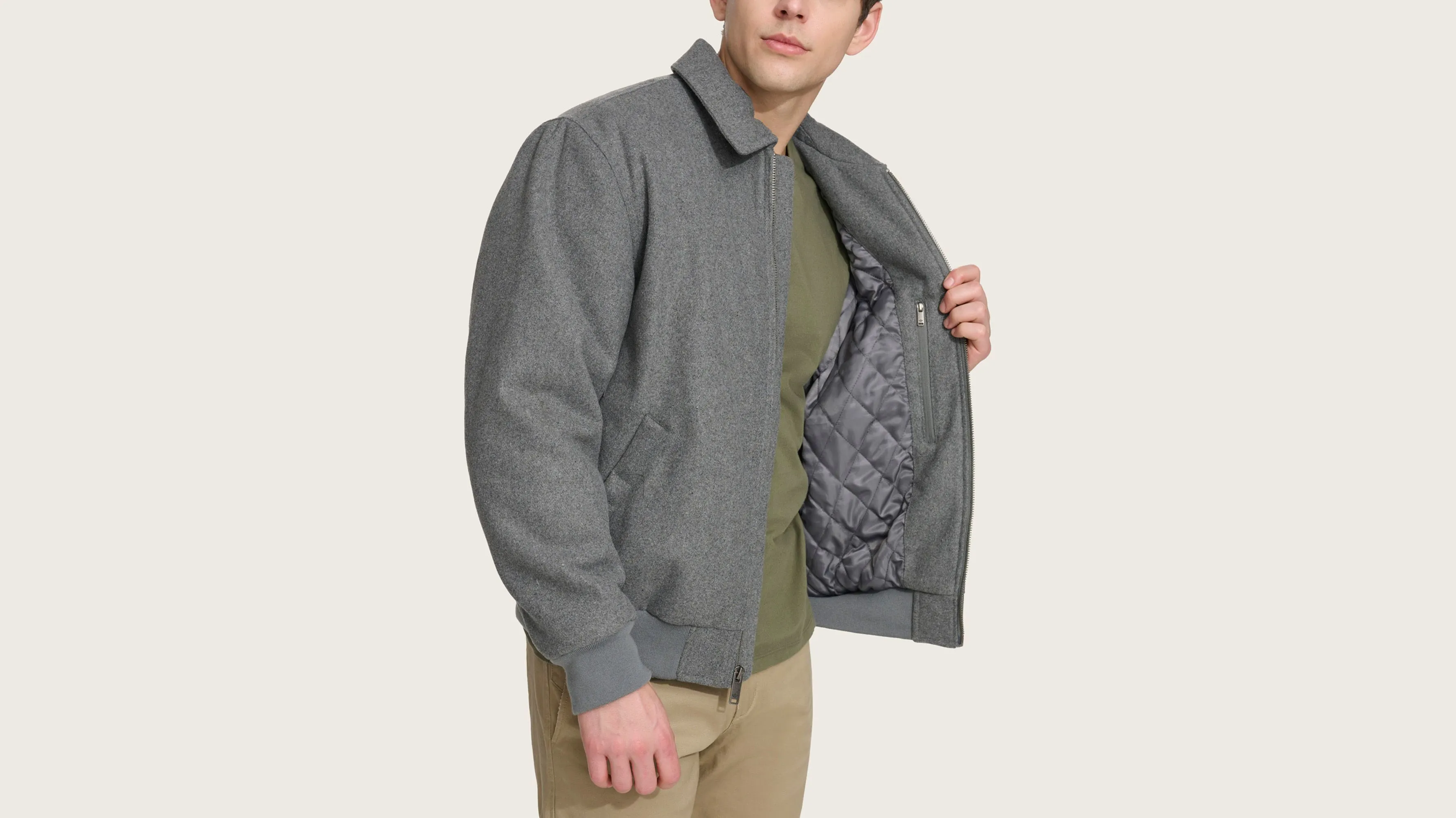 Wool Blend Laydown Collar Bomber Jacket