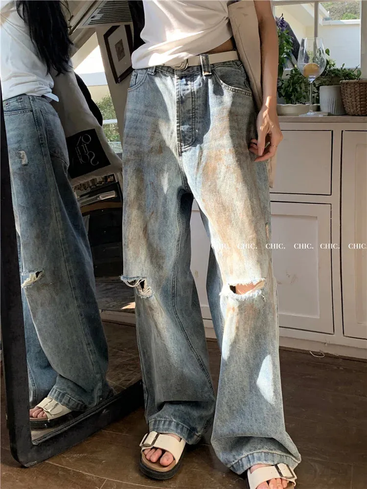 Y2k Ripped High Waist Straight Leg Jeans