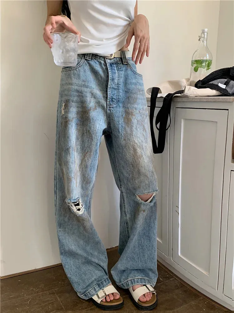 Y2k Ripped High Waist Straight Leg Jeans