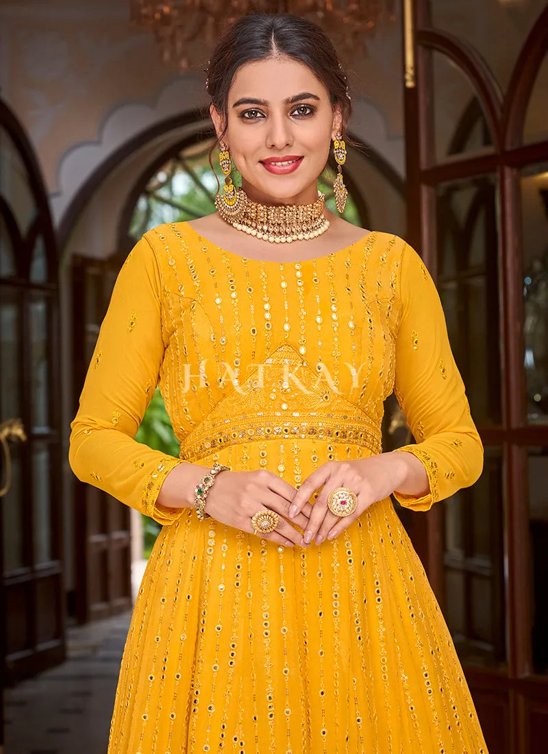 Yellow Mirror Work Embroidered Designer Anarkali Suit