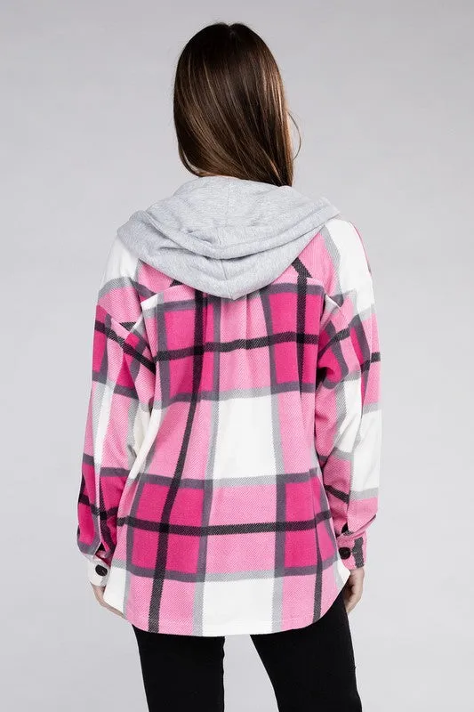 ZENANA Women's Plaid Drawstring Hooded Fleece Shacket